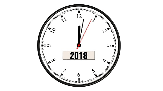 round wall clock with the new year 2018 - isolated on white