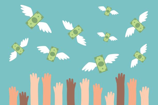 финансовая концептуальная иллюстрация. поднятые руки пытаются поймать летающие деньги / плоский редактируемый вектор иллюстрации, клип ис - flybe stock illustrations
