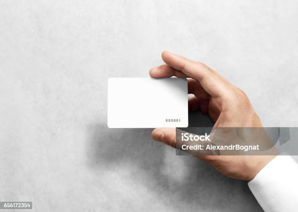 Hand Hold Blank White Loyalty Card Mockup With Rounded Corners Stock Photo - Download Image Now