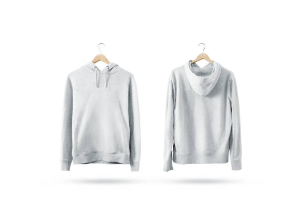 Blank white sweatshirt mockup set hanging on wooden hanger Blank white sweatshirt mockup set hanging on wooden hanger, front and back side view. Empty sweat shirt mock up on rack. Clear cotton hoody template. Plain textile hoodie. Loose overall jumper. coathanger photos stock pictures, royalty-free photos & images