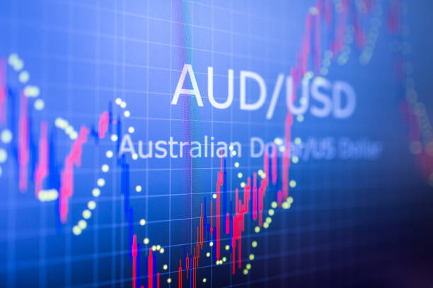 外国金融市場におけるデータ分析:チャートと相場を表示します。ペアでの分析 aud / 米ドル - stock exchange 写真 ストックフォトと画像