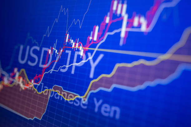 istock Data analyzing in forex market: the charts and quotes on display. Analytics in pairs USD / JPY 656173474