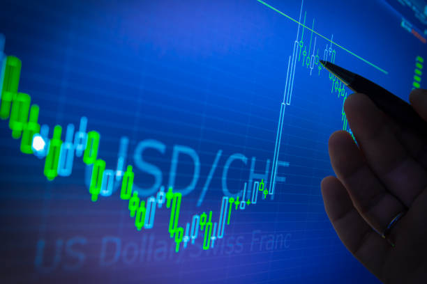 istock Data analyzing in forex foreign finance market: the charts and quotes on display. Analytics in pairs USD / CHF 656173642