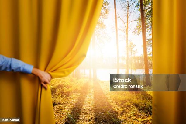 Hand Open Curtain Concept Of Change And Reveal New Better World Stock Photo - Download Image Now