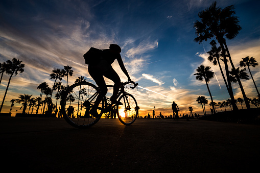 Silhouettes of bicycle rider and various objects are visible on Santa Monica Beach at sunset.