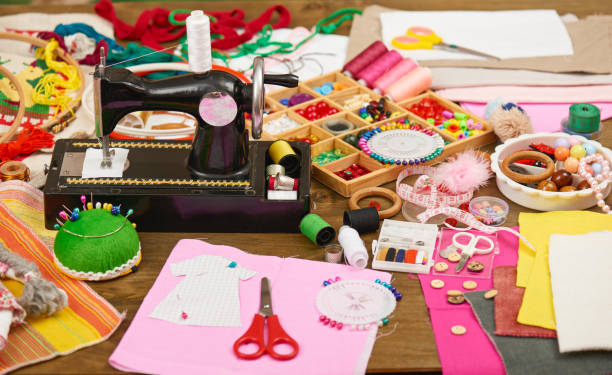 istock sewing accessories top view, seamstress workplace, many object for needlework, embroidery, handmade and handicraft 656179382