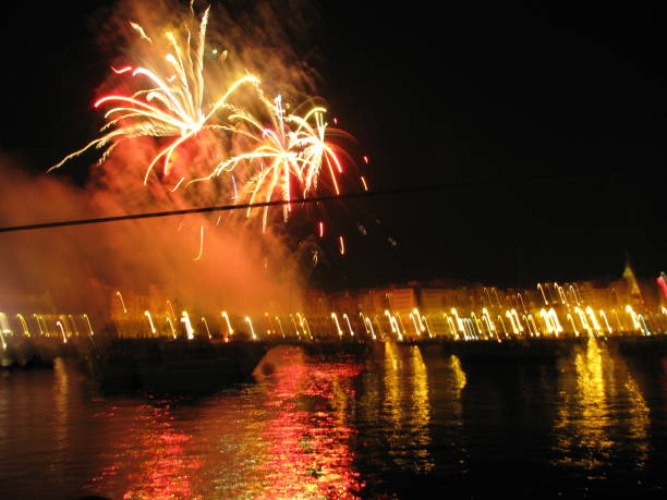 istock Fireworks at the beach from the sea again 656181078