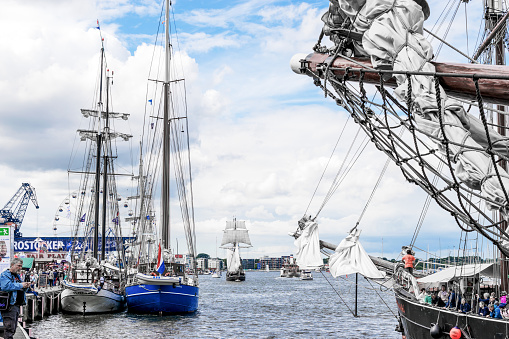 Rostock, Germany - August 2016: Hansesail in Warnemuende and Rostock harbor with lots of sailing ship from all over the world.