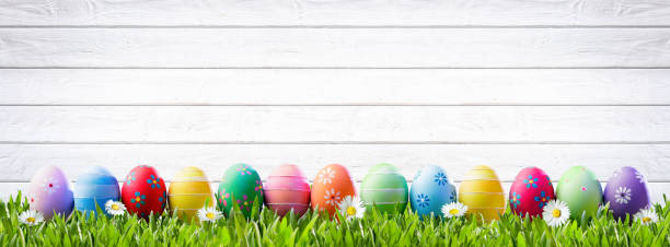 easter eggs in a row and white wooden background - wood eggs easter easter egg imagens e fotografias de stock