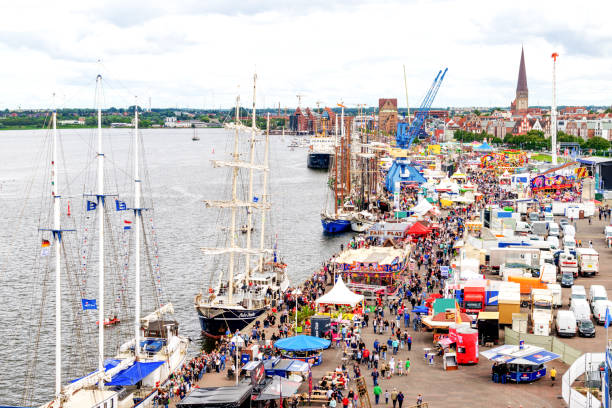 Rostock, Germany - August 2016: lots of sailing ship on Hanse Sail. Aerial photography