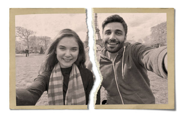 Happy young couple in Paris. Old Photo. Isolated on white background. split pictures stock pictures, royalty-free photos & images