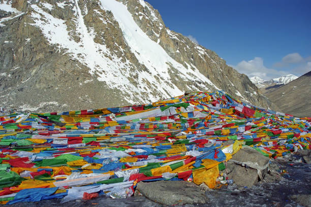 banderas de oración tibetanas lungta en el drolma la pass. - tibetan buddhism wind tibet horizontal fotografías e imágenes de stock