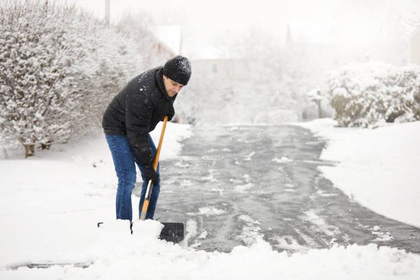 palear la nieve de la calzada - shovel fotografías e imágenes de stock