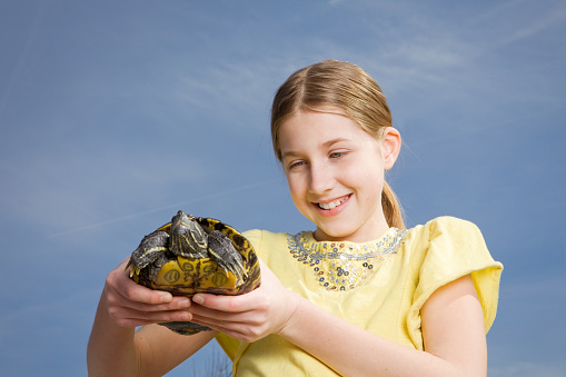 A smiling 11 year old girl holding a red eared slider turtle outdoors.
