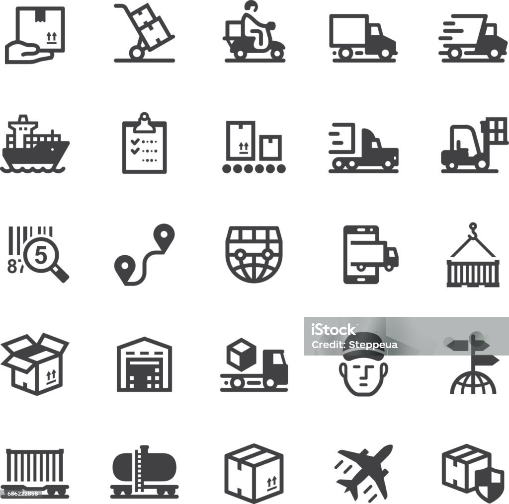 Logistics icons - Black series Vector icons. Black series. One icon consists of a single object. Files included: Vector EPS 10, JPEG 3000 x 3000 px Icon Symbol stock vector