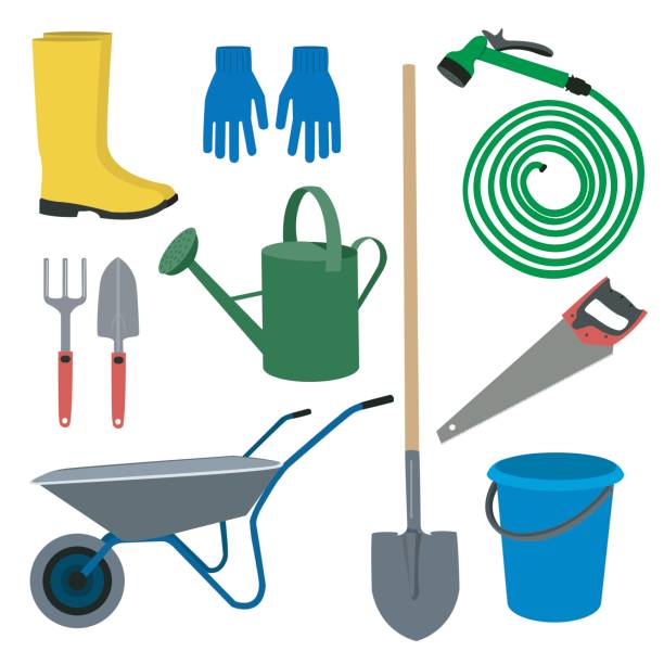 ilustrações, clipart, desenhos animados e ícones de conjunto para o jardim - watering can shovel rake silhouette