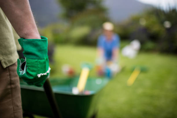 Mid section of senior man standing with wheelbarrow in lawn