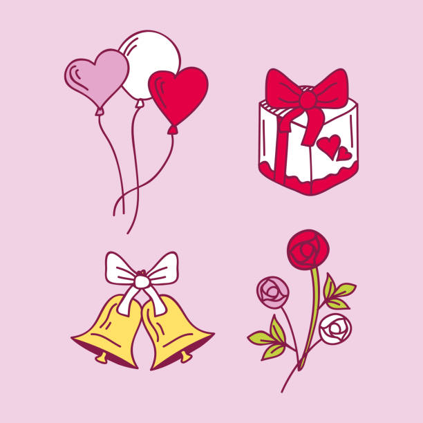 ilustraç�ões de stock, clip art, desenhos animados e ícones de wedding couple relationship marriage nuptial icons design ceremony celebration and holliday folk icons beauty hand drawn family pink vector illustration - personal accessory balloon beauty birthday