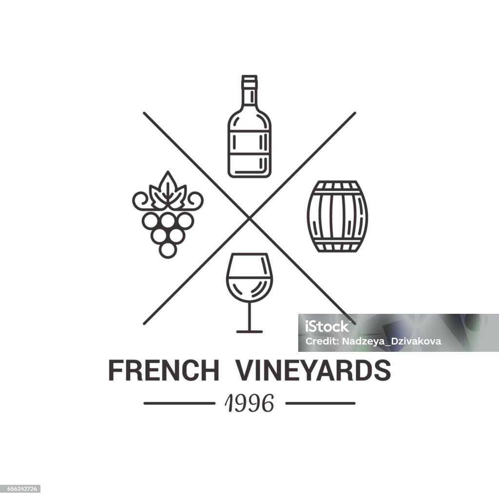 Modern logo for wine and winery. Vector outline illustration with wine bottle, grape, wine barrel and wineglass, isolated on white. Wine stock vector