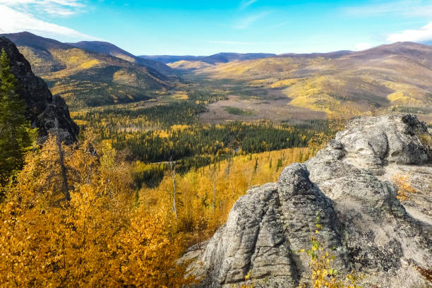 panoramiczny widok na jesienny krajobraz z angel rocks trail - gold yellow aspen tree autumn zdjęcia i obrazy z banku zdjęć