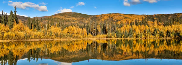 istock Panoramic view of a clear lake with reflections in fall 656248840