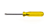 Old crosshead screwdriver with yellow plastic handle isolated on white