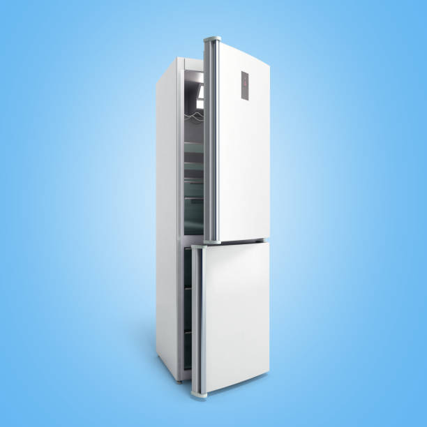 istock Stainless steel modern open refrigerator on blue 3d illustration 656252290