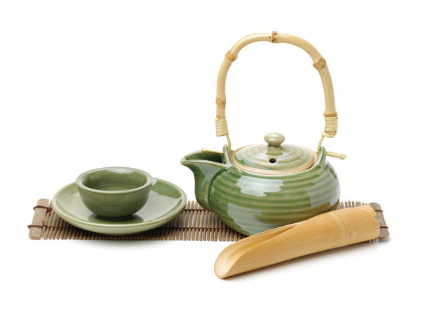 Closeup of tea set on white background