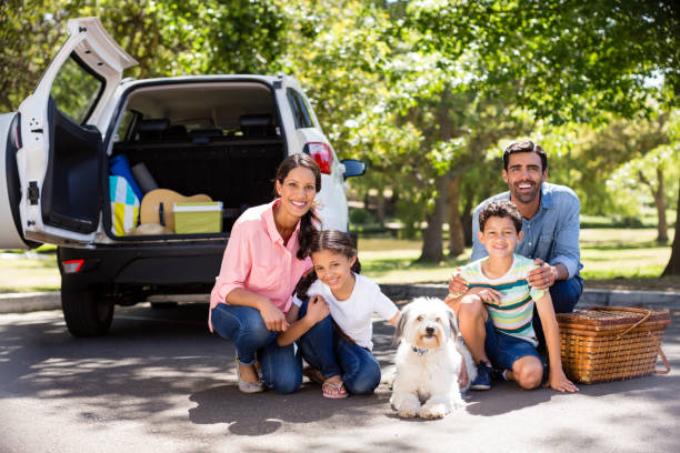 famiglia felice in un picnic seduto accanto alla loro auto - car family picnic vacations foto e immagini stock