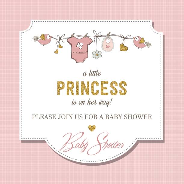 illustrazioni stock, clip art, cartoni animati e icone di tendenza di bellissimo modello di carta doccia per bambini con dettagli scintillanti dorati - baby shower invitation its a girl greeting card