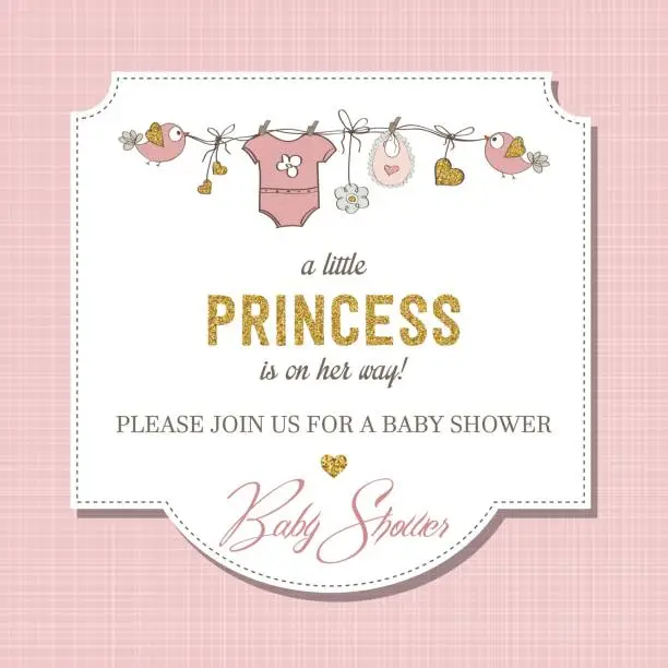Vector illustration of Beautiful baby shower card template with golden glittering details