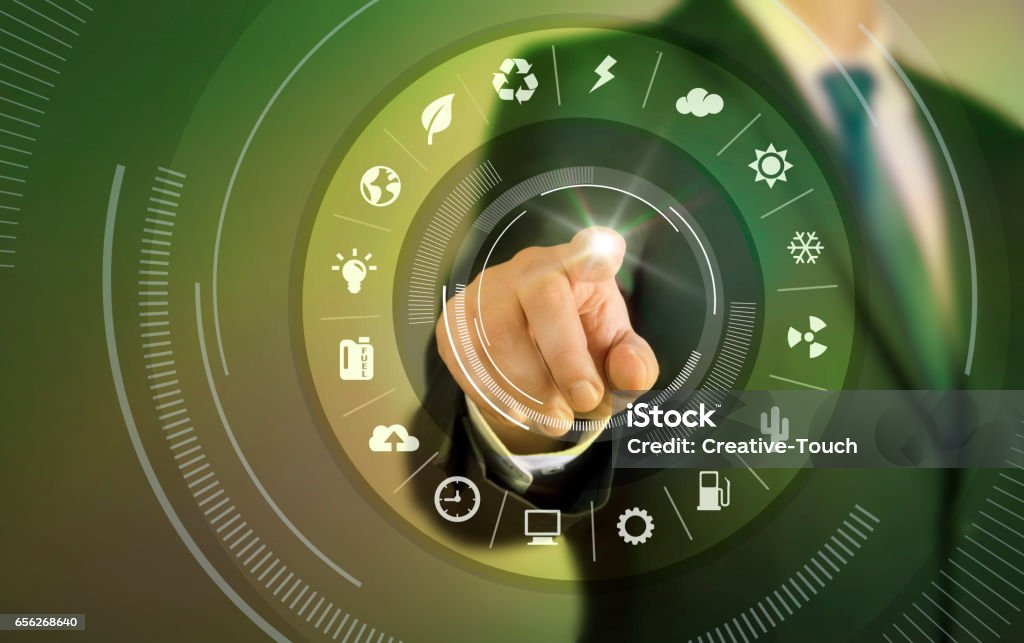 Business man-touch-screen-Konzept-ökologisch - Lizenzfrei Etikett Stock-Foto