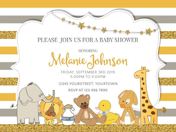 piękny szablon karty baby shower ze złotymi błyszczącymi detalami - baby shower stock illustrations