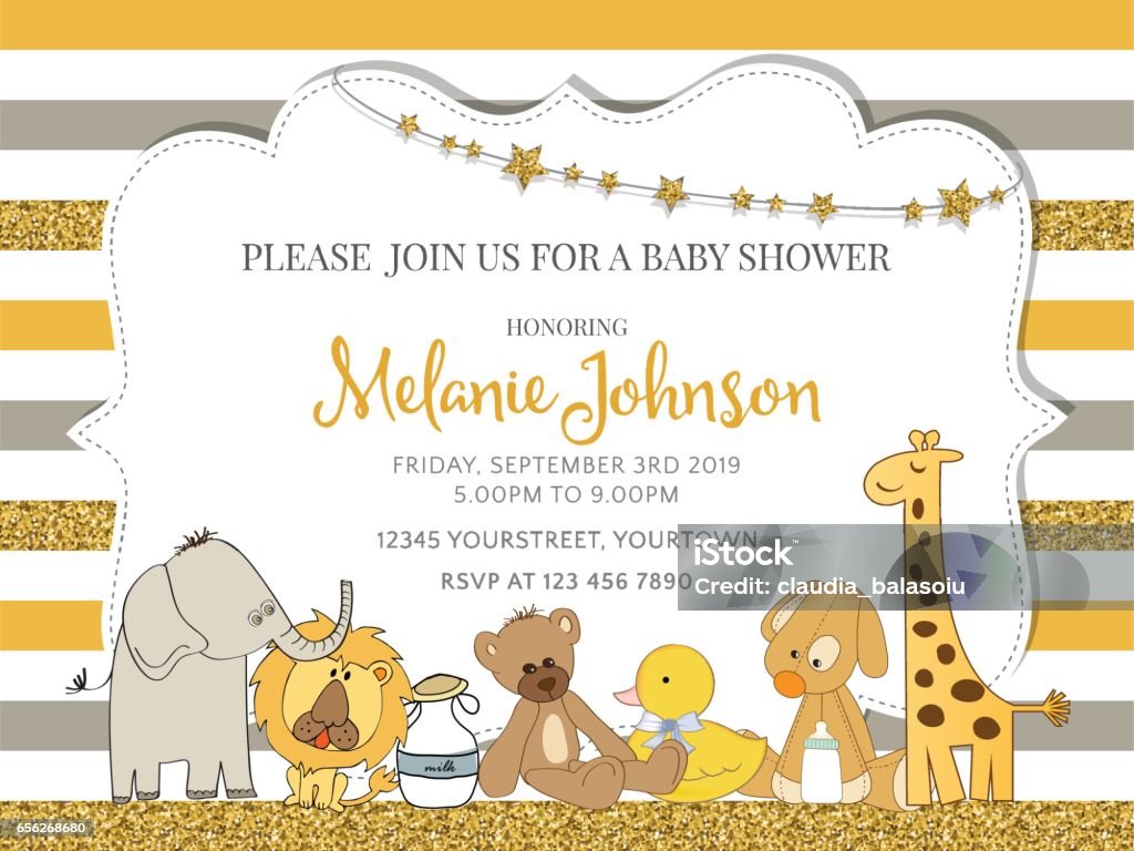 Lovely baby shower card template with golden glittering details Lovely baby shower card template with golden glittering details, vector format Baby Shower stock vector