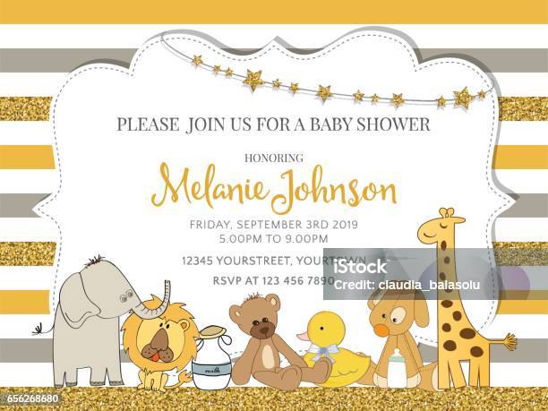 Lovely Baby Shower Card Template With Golden Glittering Details Stock Illustration - Download Image Now