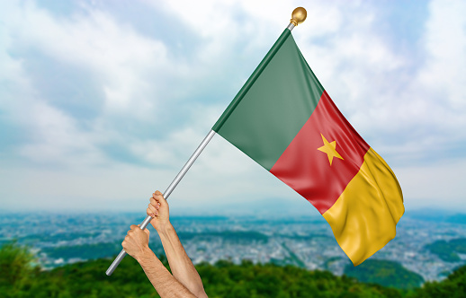 Man holding the national flag of Cameroon high in the air. The flag and pole have been realistically 3D rendered.