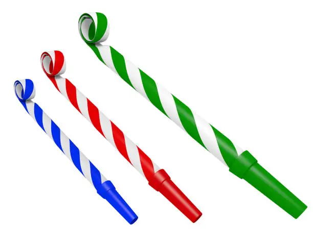 3D rendering of three party blowers used in celebrations and making noise, isolated over a white background.