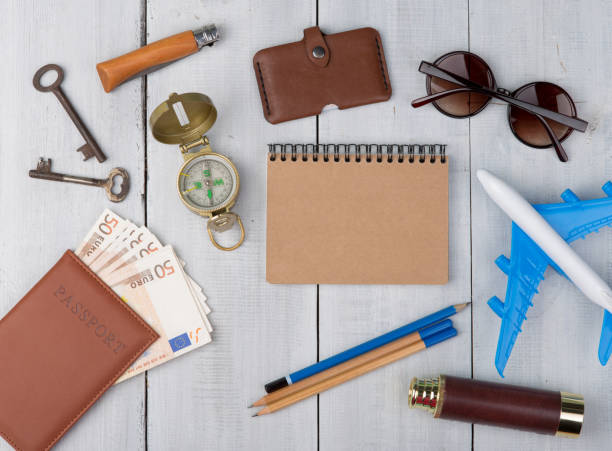 istock plane, passport, money, compass, sunglasses, binoculars, note pad, keys, wallet 656279816