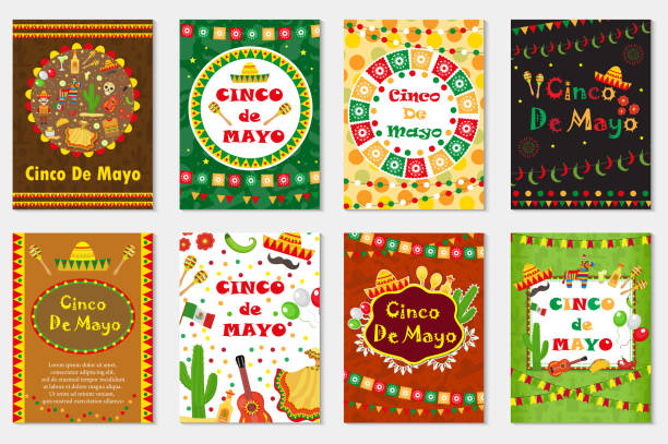 Cinco de Mayo set greeting card, template for flyer, poster, invitation. Mexican celebration with traditional symbols. Collection with bunting, sambrero, tequila, cactus, maracas. Vector illustration. Cinco de Mayo set greeting card, template for flyer, poster, invitation. Mexican celebration with traditional symbols. Collection  with bunting, sambrero, tequila, cactus, maracas. Vector illustration hispanic day illustrations stock illustrations