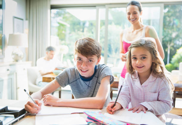 istock Portrait smiling brother and sister doing homework 656287109