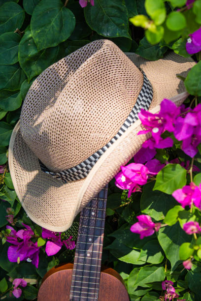 Ukulele guitar & hat in bougainvillea garden