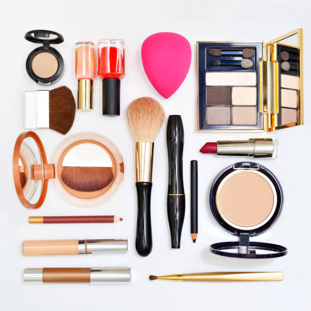 Make up products on wooden background Various make up products on wooden background. Top view. stage make up stock pictures, royalty-free photos & images