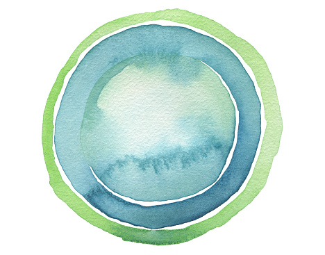 Circle blue watercolor painted button background. Texture paper. Isolated.