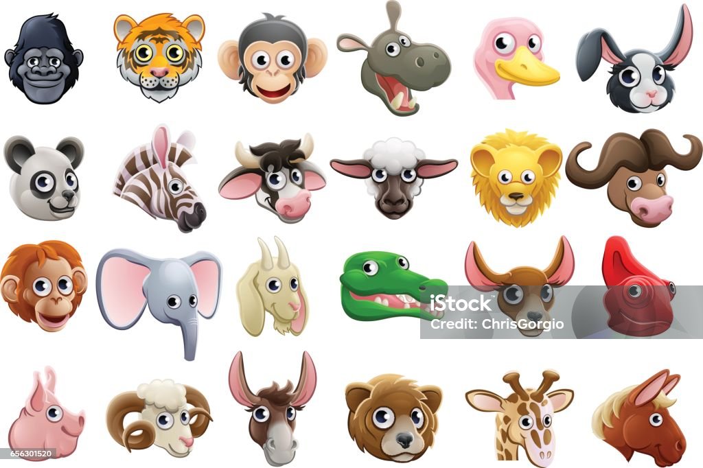 Cartoon Animal Faces Icon Set Cute friendly cartoon animal character faces icon set Three Dimensional stock vector