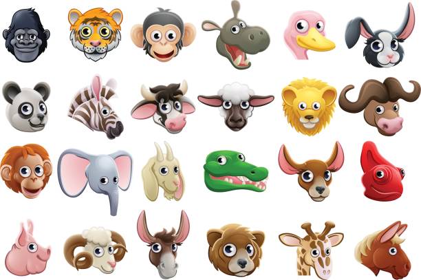 Cartoon Animal Faces Icon Set Cute friendly cartoon animal character faces icon set ram animal stock illustrations