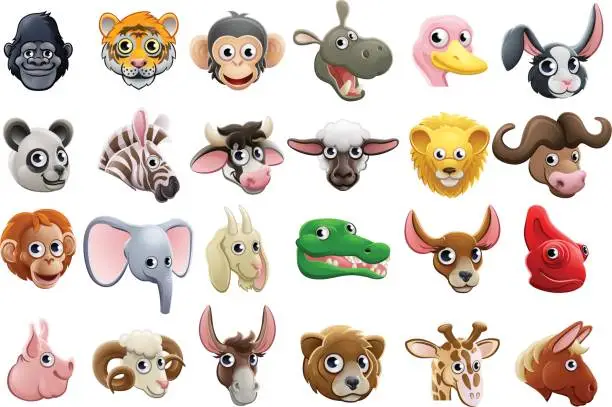 Vector illustration of Cartoon Animal Faces Icon Set