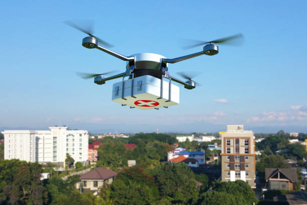istock Drone with first aid kit flying over the town. 656305622