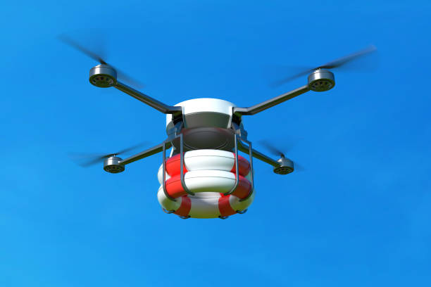 istock Rescue drone with lifebuoy on blue sky. 656305732