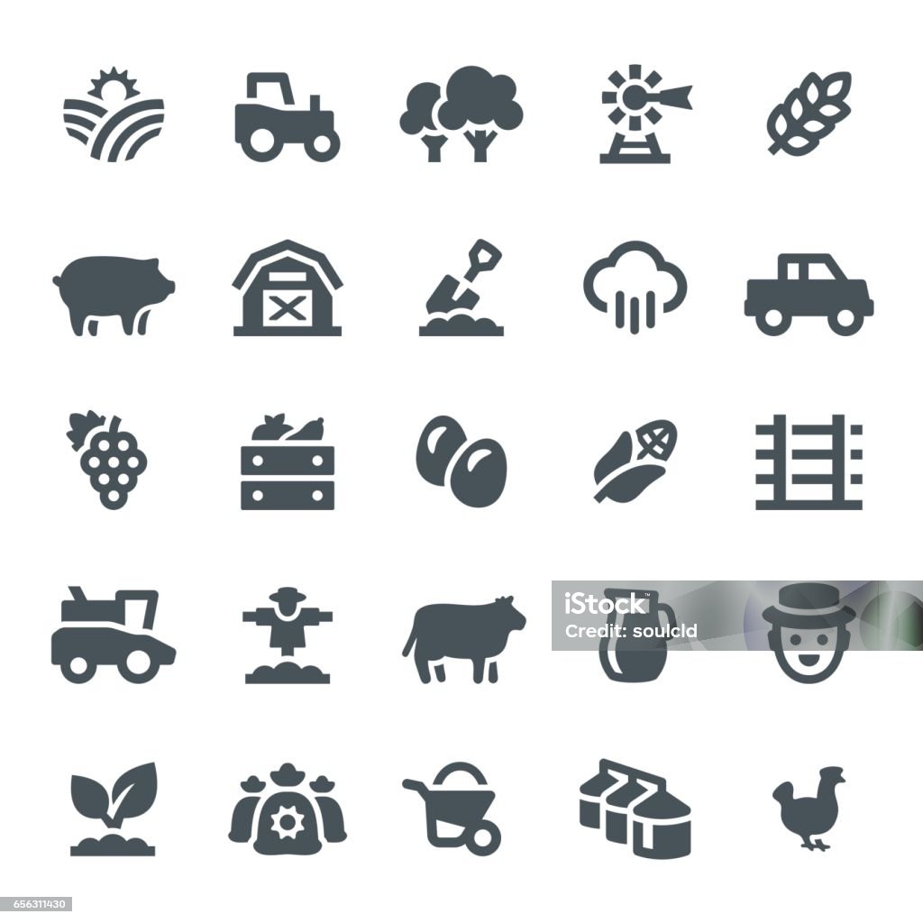 Farming and Agriculture Icons Farm, agriculture, harvest, icon, icon set, silos, barn, planting Agriculture stock vector