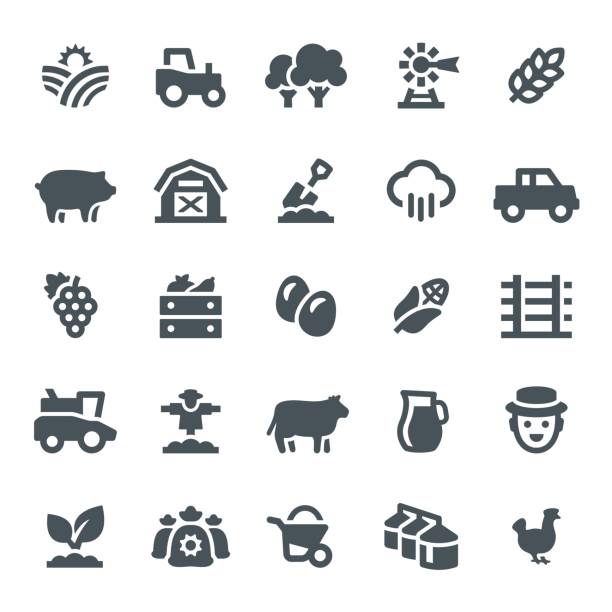 Farming and Agriculture Icons Farm, agriculture, harvest, icon, icon set, silos, barn, planting egg symbols stock illustrations